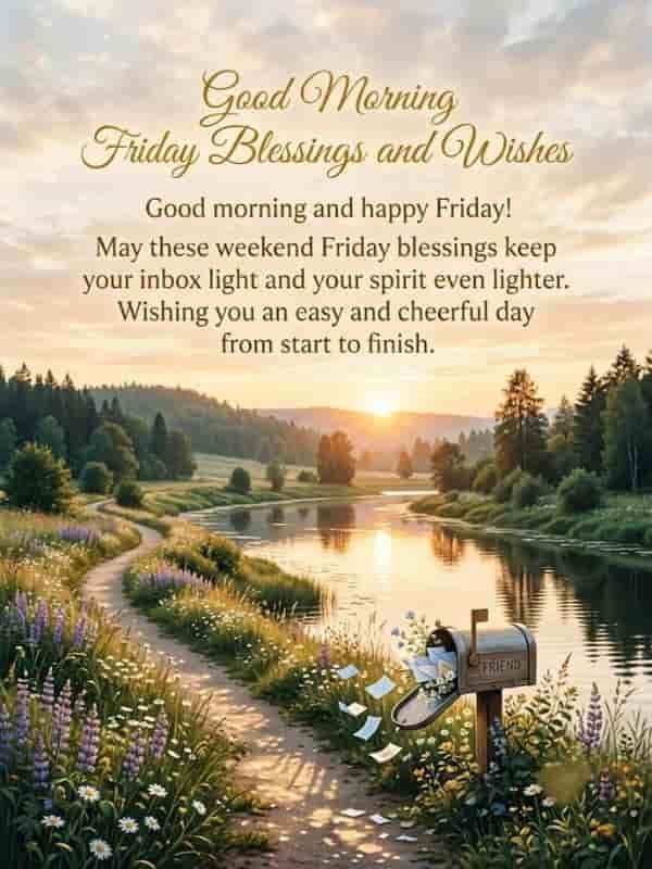 A serene sunrise landscape featuring a winding path next to a quiet river, wildflowers, and a wooden mailbox overflowing with letters, with the text "Good Morning Friday Blessings and Wishes" set against the warm morning sky.