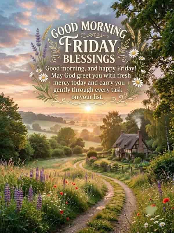 A serene morning landscape featuring a winding dirt path through lush green fields and wildflowers leading toward a cozy countryside cottage. The soft morning sunlight glows over rolling hills, with an elegant decorative frame at the top displaying the text: "Good Morning Friday Blessings - Good morning, and happy Friday! May God greet you with fresh mercy today and carry you gently through every task on your list".