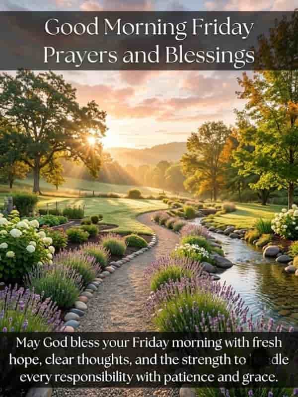 Good Morning Friday Prayers and Blessings text over a serene morning landscape with a garden path and stream.