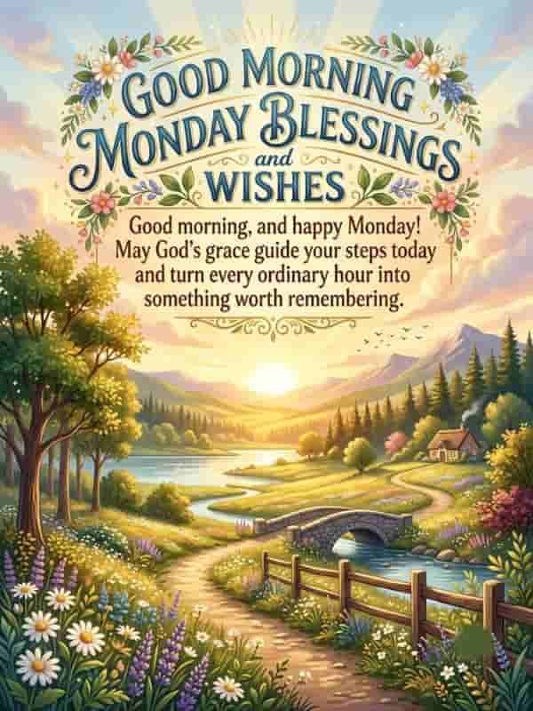 Good Morning Monday Blessings and Wishes quote graphic featuring a serene sunrise over a scenic landscape with a winding path, river, and blooming flowers.