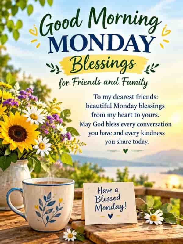 Good morning Monday blessings for friends and family with colorful flowers, a coffee mug, and a heartfelt prayer for God's blessings and kindness.