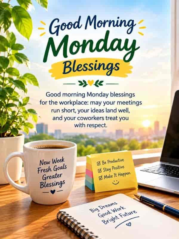 Good morning Monday blessings for work and success with an uplifting workplace message, sunny office desk, coffee mug, and positive goals for a productive week.
