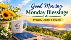 Good morning Monday blessings image with a golden sunrise, blooming sunflowers, a coffee mug, and inspirational messages for a peaceful and positive start to the week.