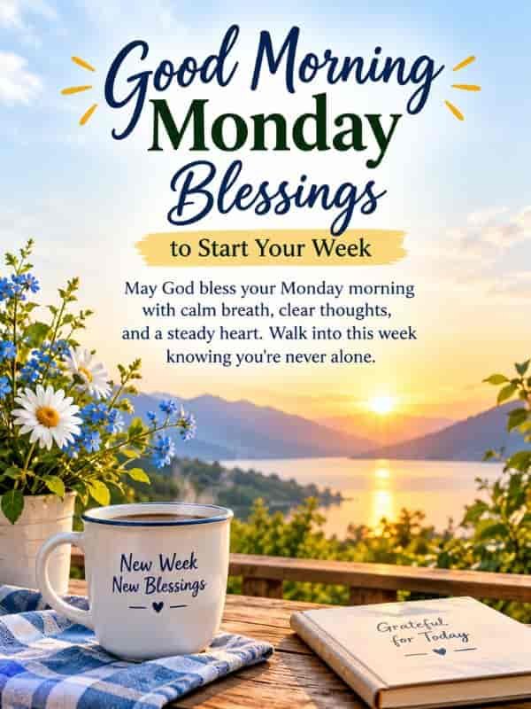 Good morning Monday blessings with an inspiring prayer, golden sunrise, peaceful mountain lake, and flowers to start the week with faith and gratitude.