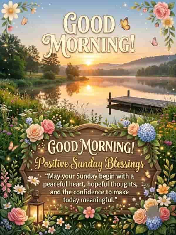 Peaceful Sunday morning nature landscape with vibrant flowers, a wooden sign with positive blessing text, and a serene lake at sunrise.