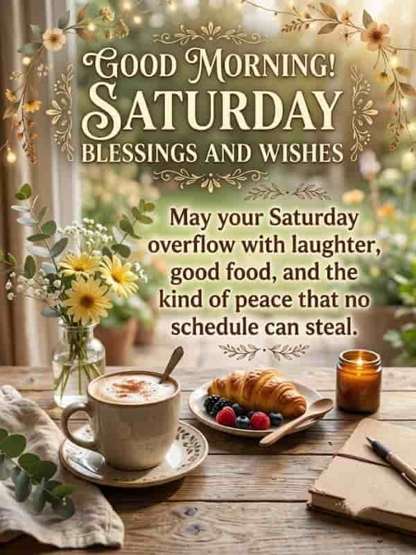 Good Morning Saturday Blessings greeting featuring a cup of coffee, fresh croissant, berries, and yellow flowers on a wooden table.