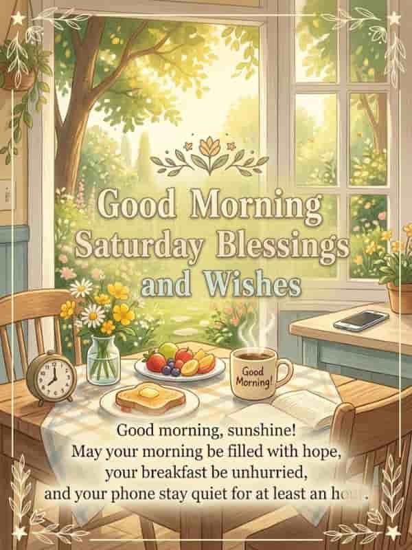 A warm Saturday morning greeting graphic featuring an unhurried breakfast table with coffee, toast, fresh fruit, and flowers by a sunny window, with the message "Good Morning Saturday Blessings and Wishes."