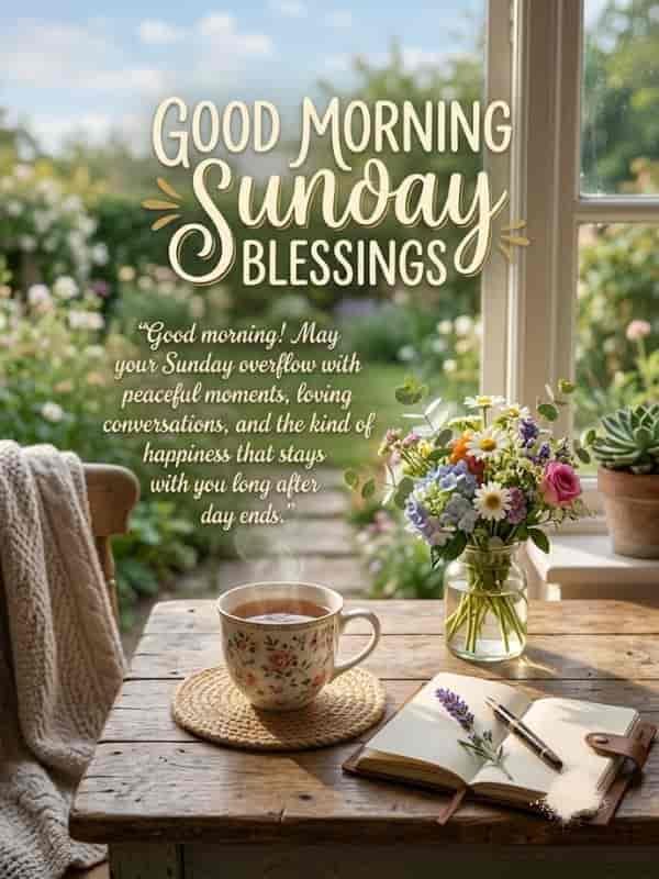 A serene Sunday morning setup featuring a steaming cup of tea, a vase of colorful wildflowers, an open journal with a pen, and the quote "Good Morning Sunday Blessings" with a peaceful morning wish beside a sunlit garden window.