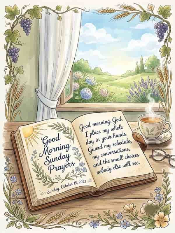 Open book on a wooden desk displaying the text "Good Morning Sunday Prayers" on the left page and a prayer on the right page, set against a window overlooking a tranquil countryside scene.