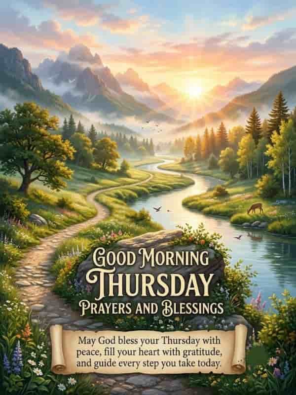 Lush mountain valley landscape at sunrise with a river, stone path, wildflowers, and two deer. Inspirational text on the rock and a scroll read: "Good Morning Thursday Prayers and Blessings. May God bless your Thursday with peace, fill your heart with gratitude, and guide every step you take today."