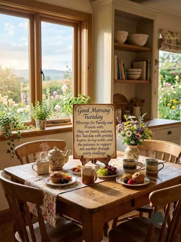 A cozy, sunlit cottage kitchen scene featuring a breakfast table set with steaming coffee mugs, a vintage teapot, muffins, and grapes. The central focus is a framed decorative sign with a handwritten message: 'Good Morning Tuesday Blessings for Family and Friends with. May our family welcome this Tuesday with grateful hearts, loving words, and the patience to support one another through every challenge.' Outside the large wooden window, a beautiful garden in full bloom can be seen.