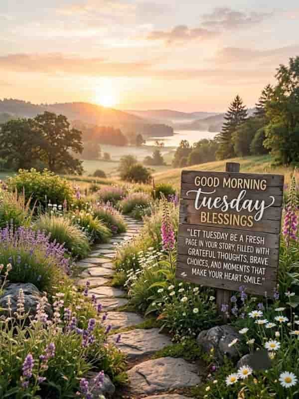 A serene morning landscape featuring a stone pathway through a colorful wildflower garden at sunrise, next to a rustic wooden sign that reads "Good Morning Tuesday Blessings" along with an inspirational quote.