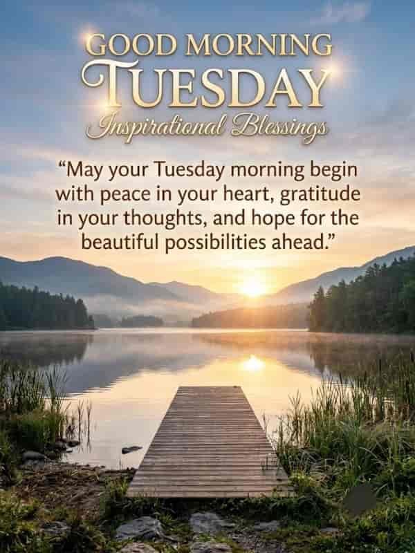 A serene sunrise over a quiet lake with a wooden pier, featuring the text: "GOOD MORNING TUESDAY Inspirational Blessings – May your Tuesday morning begin with peace in your heart, gratitude in your thoughts, and hope for the beautiful possibilities ahead."