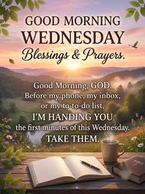 An open journal, pen, coffee cup, and Bible on a wooden table overlooking a mountain sunrise, with text reading: "GOOD MORNING WEDNESDAY Blessings & Prayers. Good Morning, GOD. Before my phone, my inbox, or my to-do list, I'm HANDING YOU the first minutes of this Wednesday. TAKE THEM."