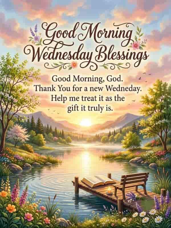 A serene sunrise over a quiet lake with a wooden dock, open book, and vibrant wildflowers, featuring the text "Good Morning Wednesday Blessings: Good Morning, God. Thank You for a new Wednesday. Help me treat it as the gift it truly is."