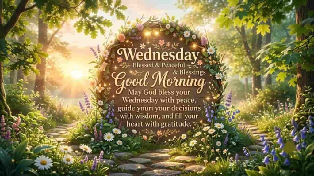 erene sunrise forest garden with a floral-framed wooden board featuring Wednesday morning prayer and blessing quote.