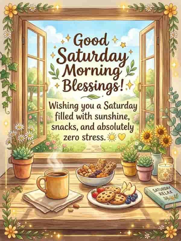 A cozy wooden windowsill setup with steaming coffee, plates of snacks, cookies, and potted succulents looking out an open window onto a sunlit garden, featuring the text "Good Saturday Morning Blessings! Wishing you a Saturday filled with sunshine, snacks, and absolutely zero stress."
