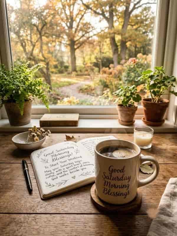 A steaming mug of coffee reading "Good Saturday Morning Blessings" sitting on a wooden desk next to an open journal with handwritten weekend blessings, potted plants, and an autumn window view.