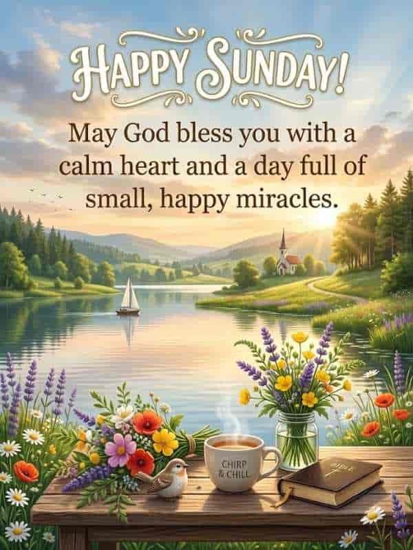 A peaceful Happy Sunday greeting card featuring a calm lake landscape at sunrise, colorful wildflowers, a steaming coffee mug, and a Bible on a wooden table, with text reading: "Happy Sunday! May God bless you with a calm heart and a day full of small, happy miracles."