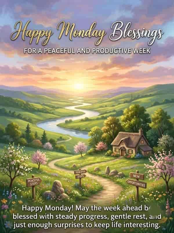 Happy Monday Blessings card featuring a serene countryside sunrise with a cottage, winding river, blooming flowers, and inspirational text for a peaceful and productive week.
