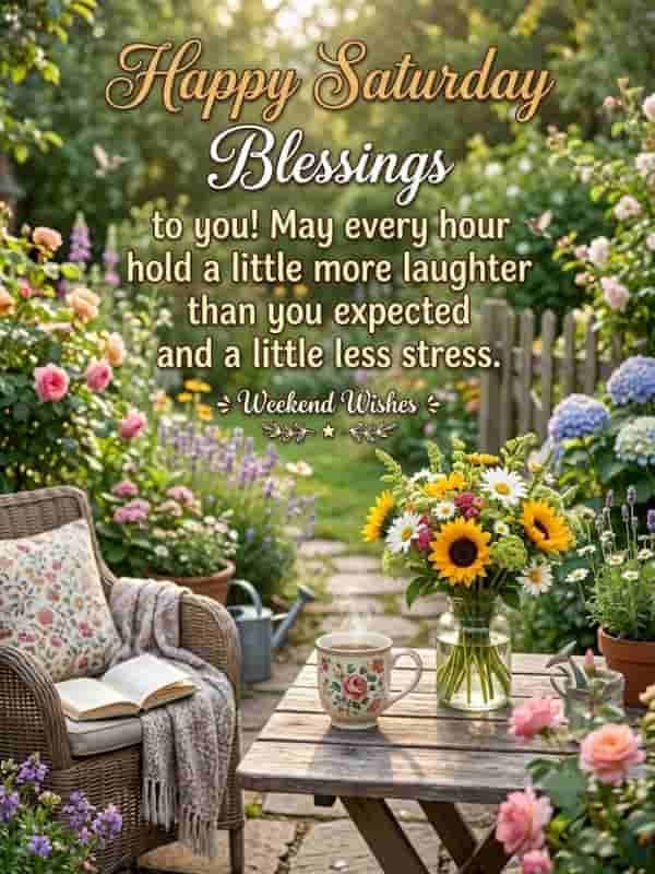 A cozy outdoor garden setting with a steaming cup of coffee, a vase of bright sunflowers, and an open book on a wicker chair, featuring the text "Happy Saturday Blessings to you! May every hour hold a little more laughter than you expected and a little less stress. Weekend Wishes."