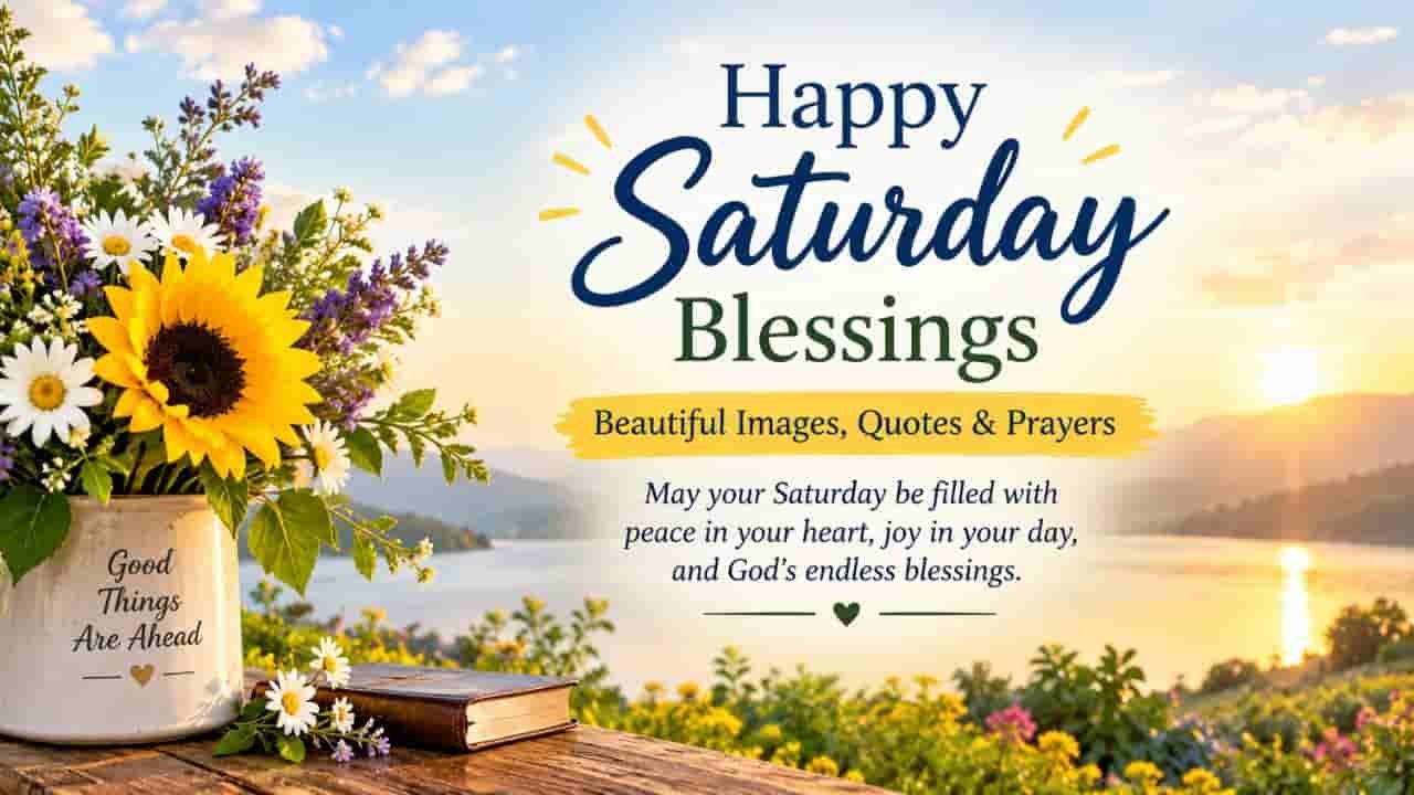 Happy Saturday blessings image with a golden sunrise over a peaceful lake, bright sunflowers, and an inspirational message of peace, joy, and God’s blessings.