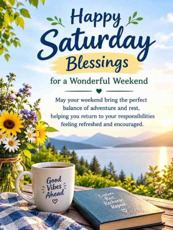 Happy Saturday blessings for a wonderful weekend with a peaceful mountain lake, colorful flowers, and an uplifting message about balancing adventure and rest.