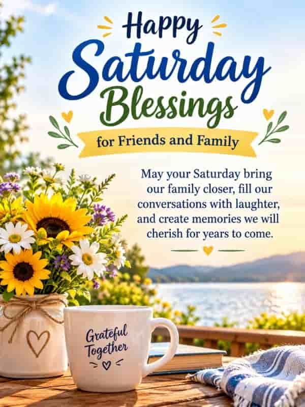 Happy Saturday blessings for friends and family with a heartfelt message, sunflowers, and a peaceful lakeside view.