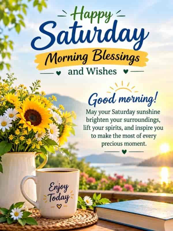 Happy Saturday morning blessings and wishes with sunflowers, a coffee mug, and an uplifting good morning message by a sunny lakeside.
