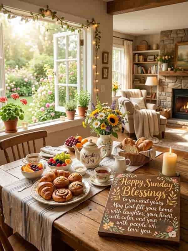 A sunlit wooden dining table set for a peaceful Sunday breakfast, featuring fresh pastries, tea, fresh fruit, wildflowers, and a wooden sign reading "Happy Sunday Blessings to you and yours. May God fill your home with laughter, your heart with calm, and your table with people who love you."