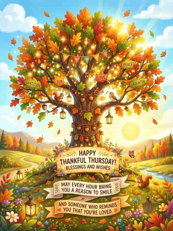 An autumn-themed Thankful Thursday illustration featuring a large oak tree with colorful leaves, glowing fairy lights, hanging lanterns, and banners with uplifting text.