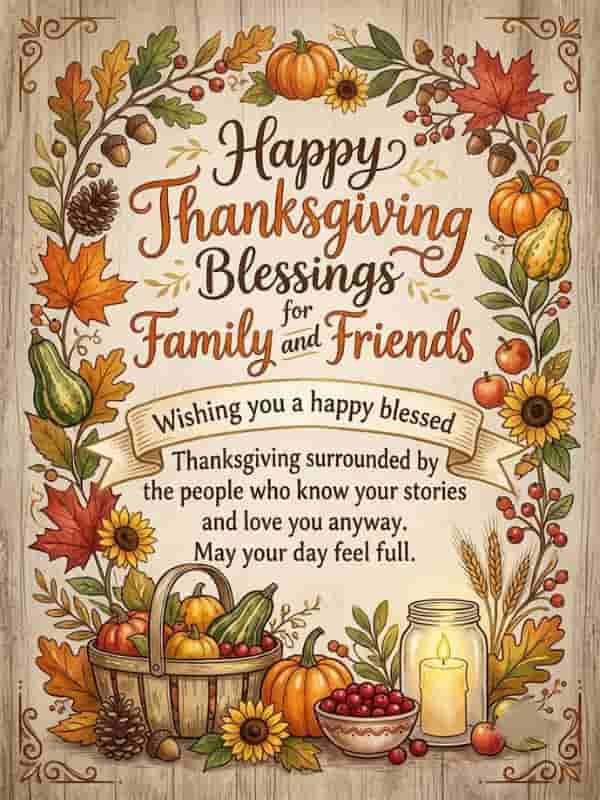 A decorative Thanksgiving greeting card on a rustic wood background framed with autumn leaves, pumpkins, sunflowers, acorns, a harvest basket, and a glowing candle in a glass jar. The elegant typography reads: "Happy Thanksgiving Blessings for Family and Friends. Wishing you a happy blessed Thanksgiving surrounded by the people who know your stories and love you anyway. May your day feel full."