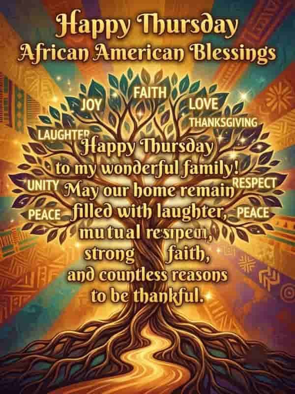 A vibrant Happy Thursday greeting graphic featuring an intricate tree of life against a sunburst background with warm African print patterns. The tree leaves display words like faith, love, peace, and joy, while the full blessing reads: "Happy Thursday to my wonderful family! May our home remain filled with laughter, mutual respect, strong faith, and countless reasons to be thankful."