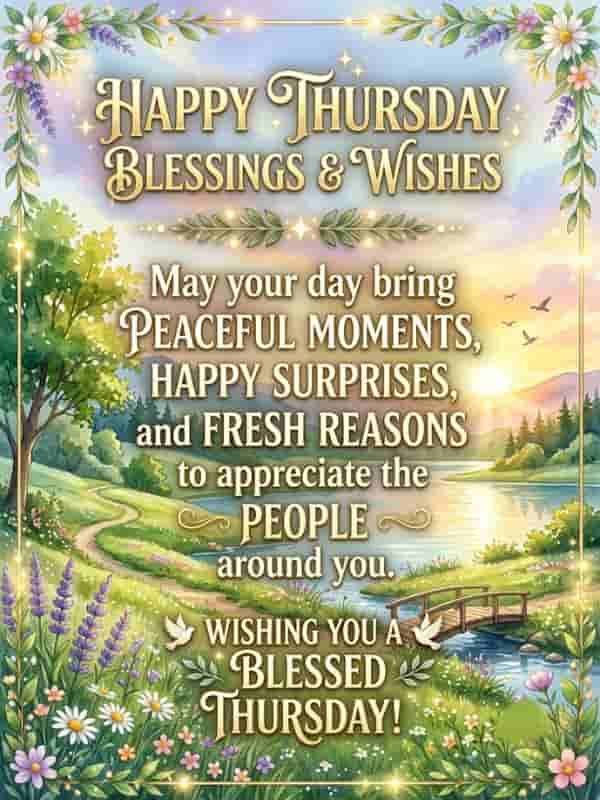 A watercolor greeting image titled "Happy Thursday Blessings & Wishes" featuring a peaceful natural landscape with a winding path, lush trees, flowers, a wooden bridge over a stream, and white doves under a warm sunrise.