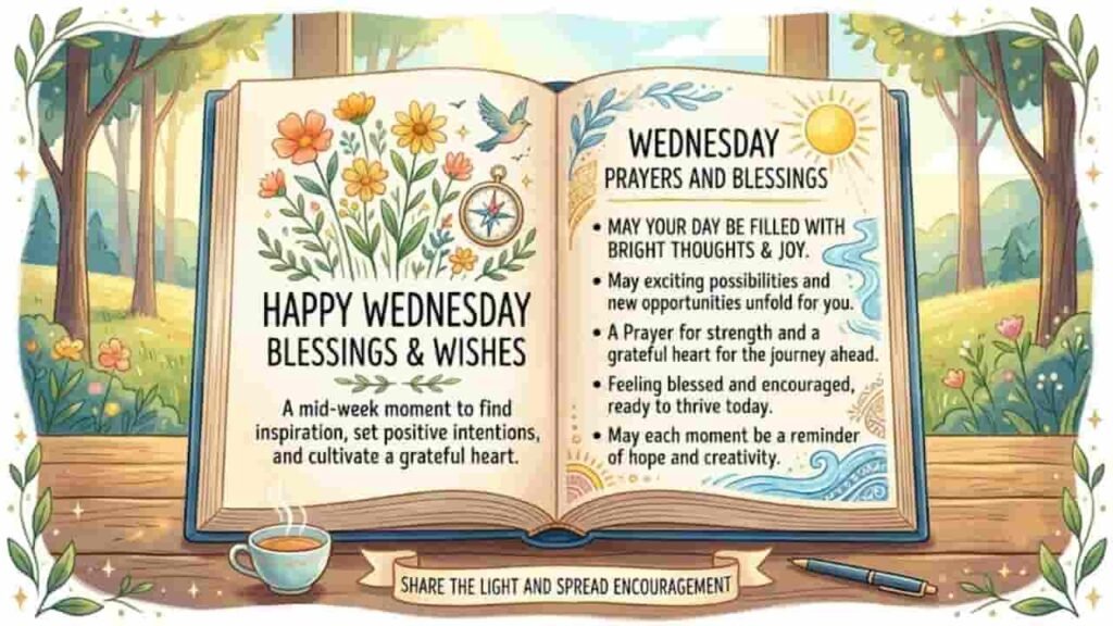 An open book displaying cheerful Wednesday blessings, messages, and prayers, surrounded by illustrations of vibrant flowers, a compass, and a rising sun with nature in the background.
