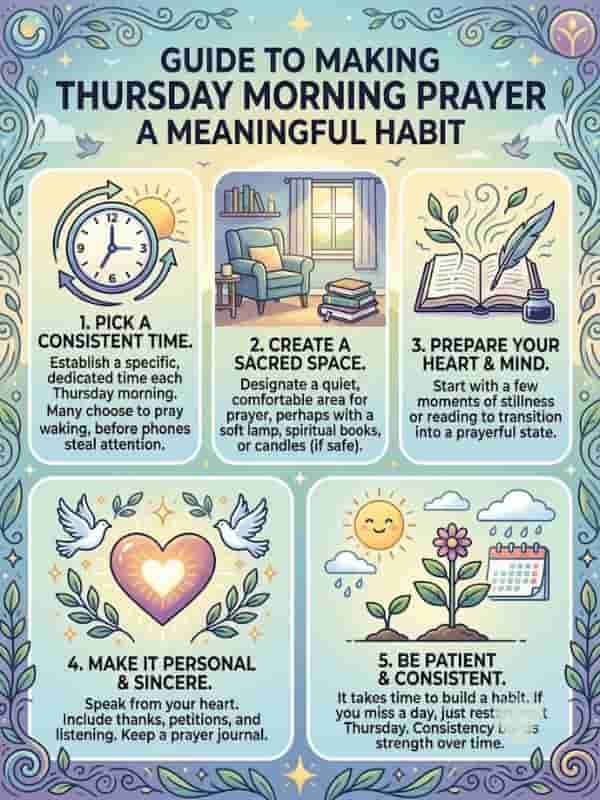 Infographic guide titled "Guide to Making Thursday Morning Prayer a Meaningful Habit" outlining five steps with colorful illustrations including a clock, cozy armchair, open journal, glowing heart with doves, and a growing plant.
