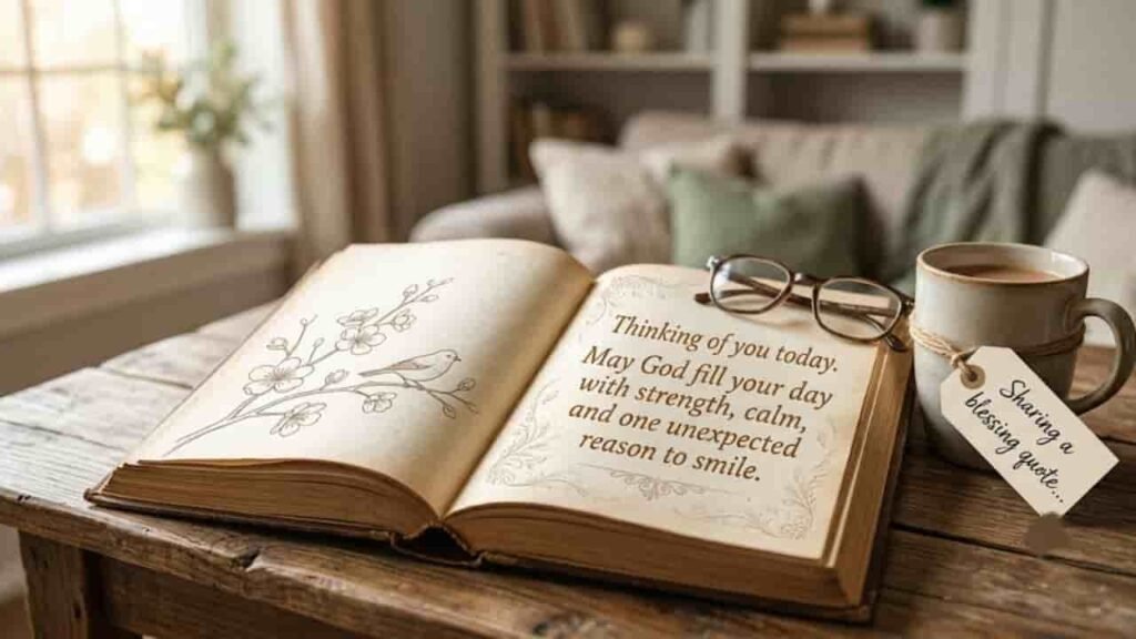 An open vintage book on a wooden table displaying the message, "Thinking of you today. May God fill your day with strength, calm, and one unexpected reason to smile," beside a warm mug of coffee with a tag reading "Sharing a blessing quote..."