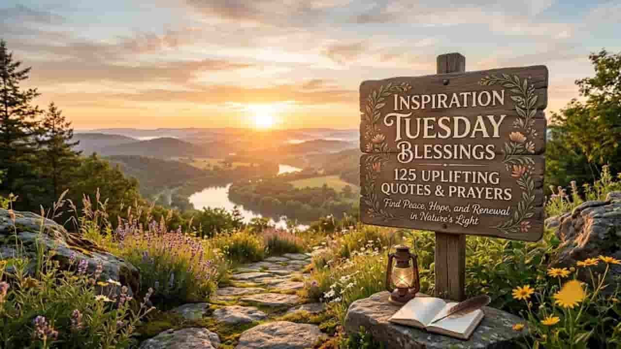A rustic wooden sign with the text "Inspiration Tuesday Blessings: 125 Uplifting Quotes & Prayers" set against a scenic sunrise landscape. The scene features a cobblestone path lined with wildflowers overlooking a winding river and valley. An open journal, quill, and glowing lantern sit nearby on a stone "inspiration tuesday blessings".