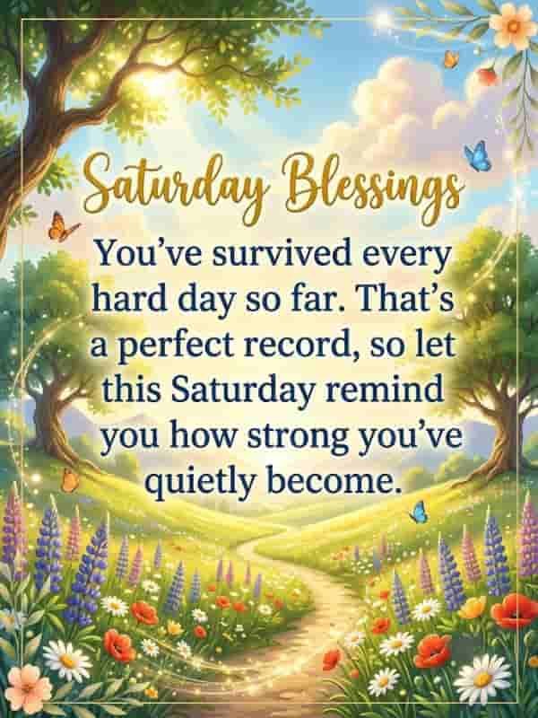 Saturday Blessings image featuring an inspirational quote framed by lush trees, colorful wildflowers, butterflies, and a winding path, with a gold border.