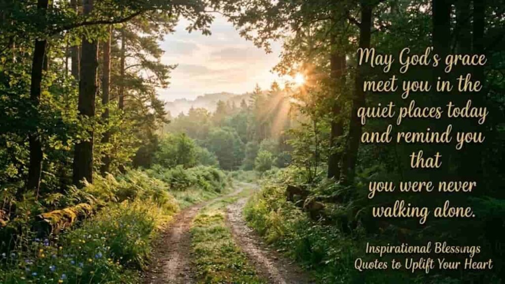 Serene forest path illuminated by soft morning sunlight with the inspirational quote, "May God's grace meet you in the quiet places today and remind you that you were never walking alone."