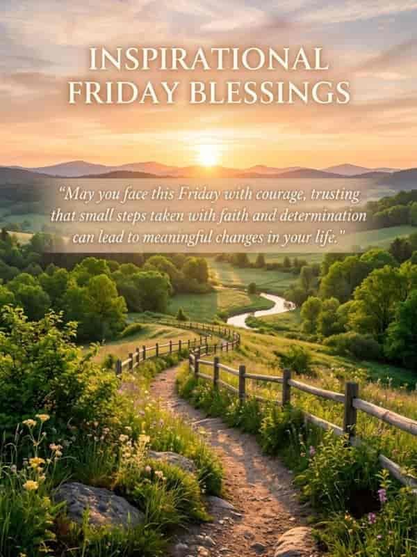 An inspiring scenic path winding through lush green hills at sunrise, with the quote, "May you face this Friday with courage, trusting that small steps taken with faith and determination can lead to meaningful changes in your life," under the heading "Inspirational Friday Blessings."