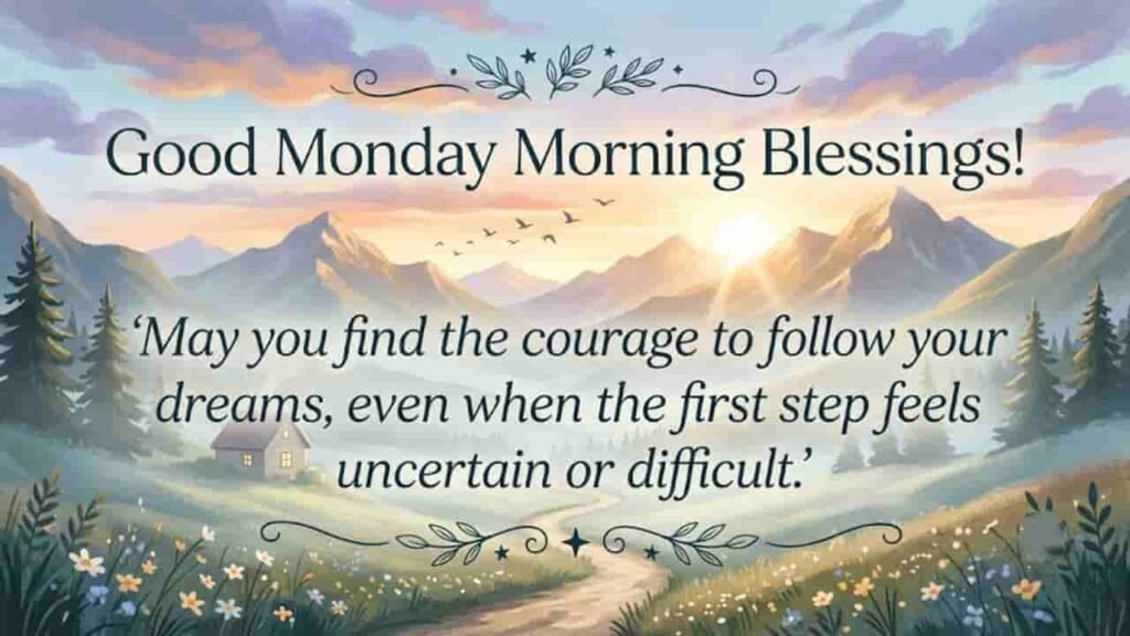 Good Monday Morning Blessings greeting card featuring a sunrise over mountain peaks, a cozy cottage, a winding path, and an inspirational quote.