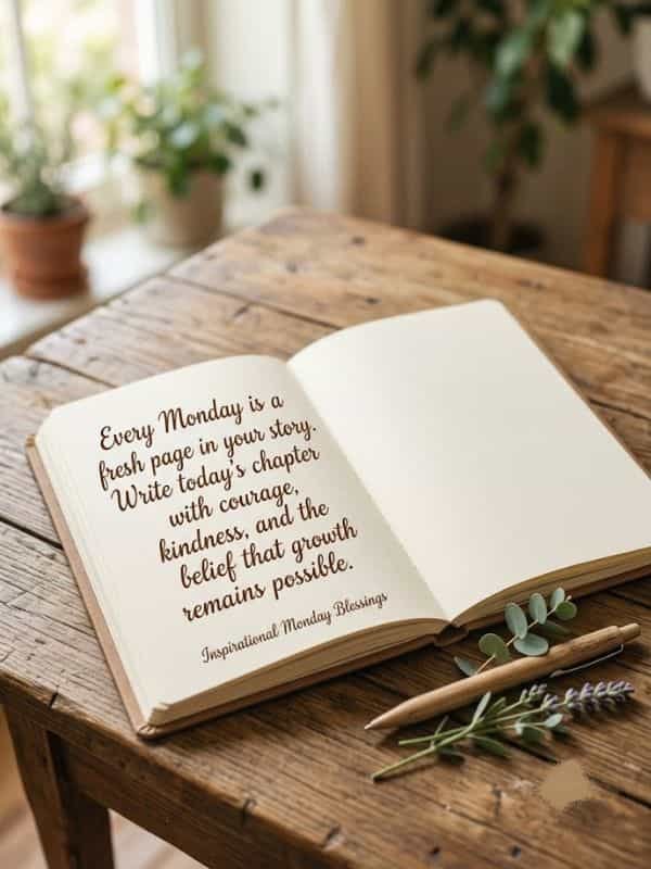 An open journal on a rustic wooden table displaying the quote, "Every Monday is a fresh page in your story," alongside a pen and green sprigs.