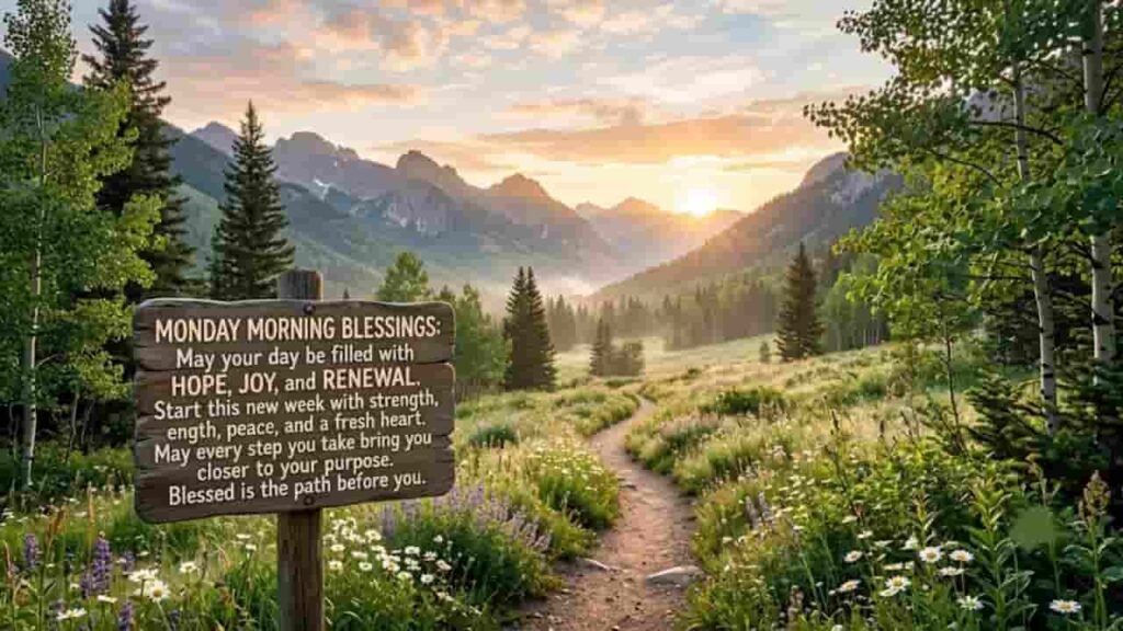 A sunrise glowing over a mountain meadow with a wooden sign reading "Monday Morning Blessings" along a winding trail.