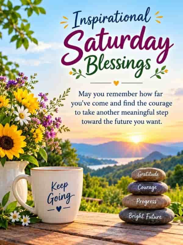 Inspirational Saturday blessings image with a sunrise, colorful flowers, and an uplifting quote about courage, gratitude, and moving toward a brighter future.