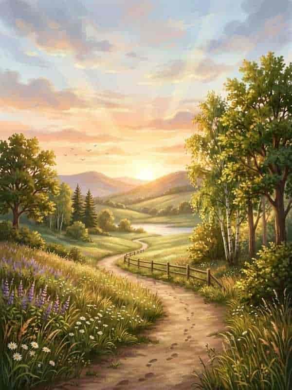 A scenic digital painting of a peaceful winding dirt path through a sunlit countryside landscape at sunrise, featuring rolling hills, wildflowers, lush trees, and soft sunbeams breaking through warm clouds.