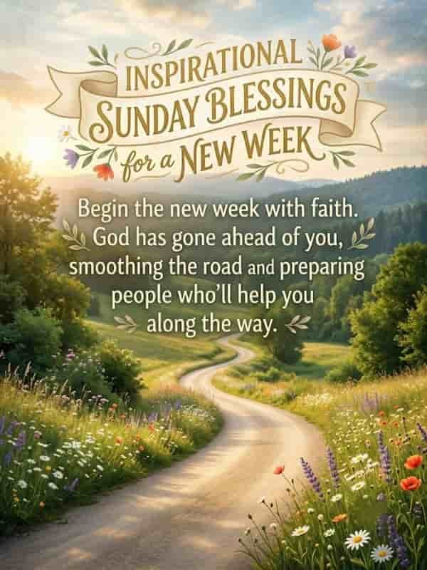 An inspirational Sunday blessings graphic featuring the text "Inspirational Sunday Blessings for a New Week" in an elegant banner above the quote: "Begin the new week with faith. God has gone ahead of you, smoothing the road and preparing people who'll help you along the way." The background displays a peaceful, sunlit landscape with a smooth winding path through vibrant wildflowers and green rolling hills under a gentle sky.