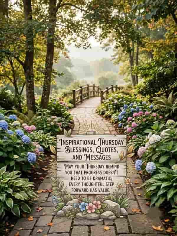 Wooden sign on a stone garden path reading "Inspirational Thursday Blessings, Quotes, and Messages" with an encouraging quote.