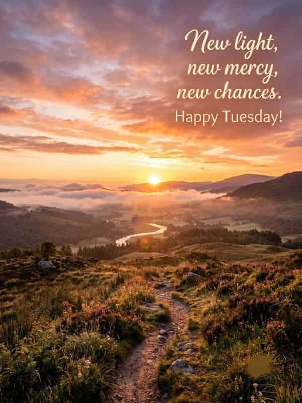 A sunrise landscape over rolling hills and a misty valley with the text "New light, new mercy, new chances. Happy Tuesday!" overlayed in soft warm typography.