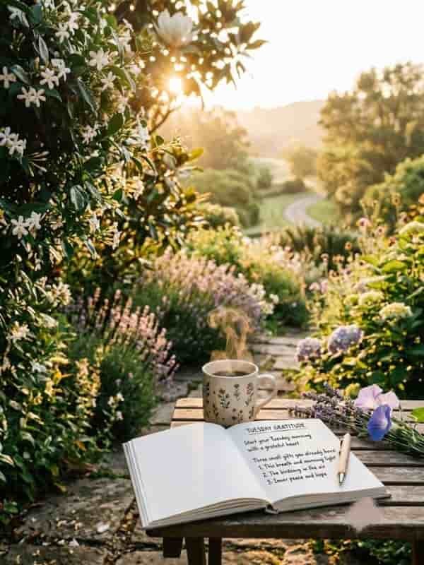 An open journal, a steaming mug of coffee, and a pen on a wooden table in a sunlit outdoor garden surrounded by blooming flowers.